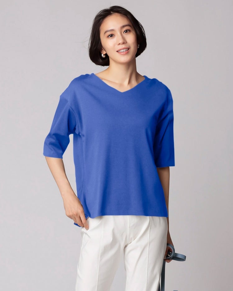 抜け感Vネック／5分袖・ドゥクラッセTシャツ 詳細画像 ブルー 1
