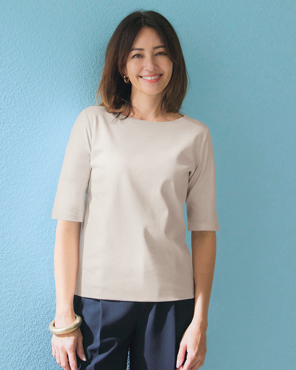 【大人可愛い】 Tシャツ ボートネック／5分袖・ドゥクラッセTシャツ（58cm丈)/40代50代
