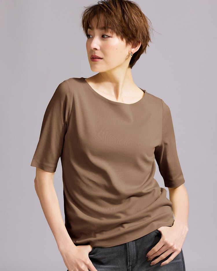 ボートネック／5分袖・ドゥクラッセＴシャツ（58cm丈) 詳細画像 ダークブラウン 1