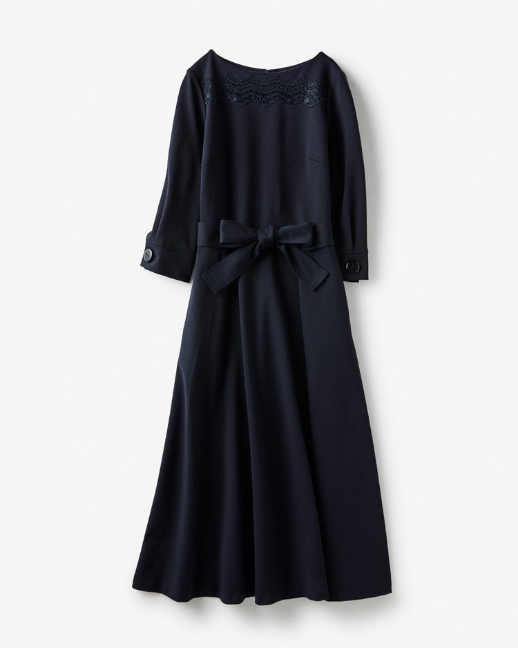 □ストレッチポンチ・レース付きロングワンピ 詳細画像 ミッドナイトブルー 1