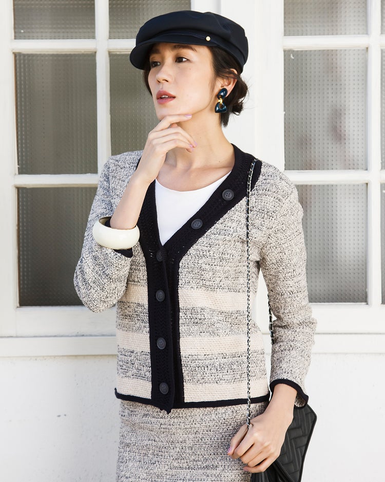 ツイーディニット・カーデセットアップ 詳細画像 ベージュＸネイビー 2