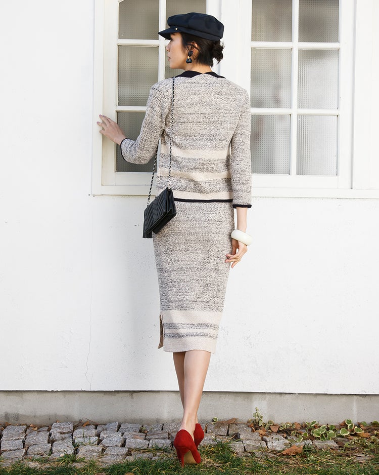 ツイーディニット・カーデセットアップ 詳細画像 ベージュＸネイビー 3