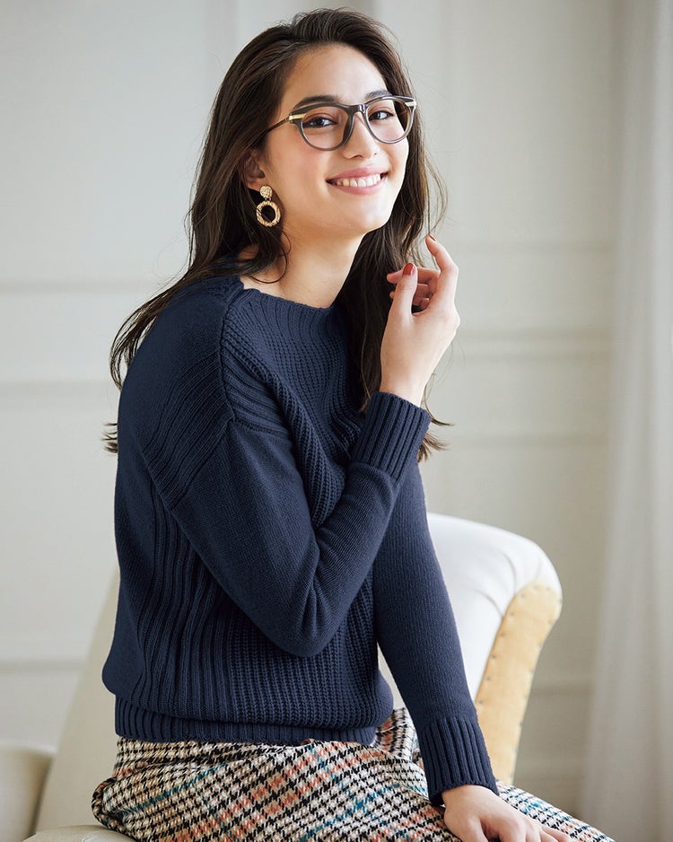 イタリア糸・カシミヤ混畦編みニット 詳細画像 ミッドナイトブルー 1