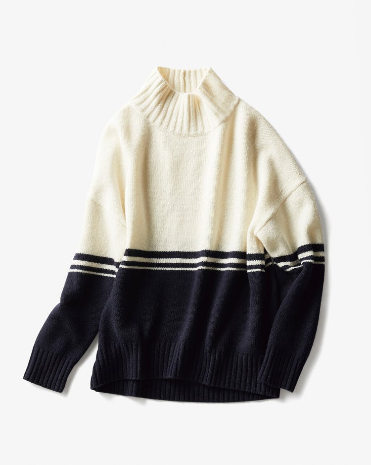 イタリア糸・カシミヤ混バルキーハイネック 詳細画像 オフ&times;ネイビー 1