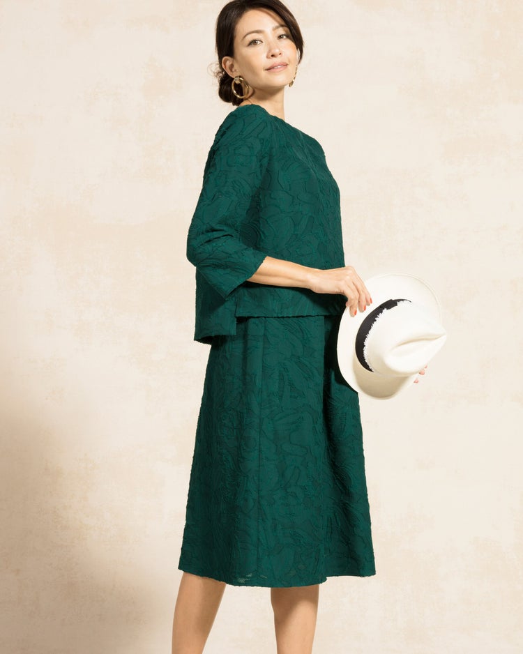 カットジャカード・タックフレアスカート 詳細画像 グリーン 2