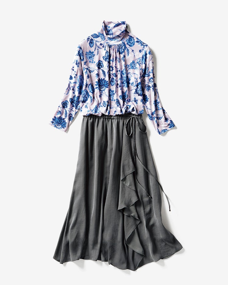 □UVスラブ・ハイネック7分袖／花柄 詳細画像 インクブルー 1