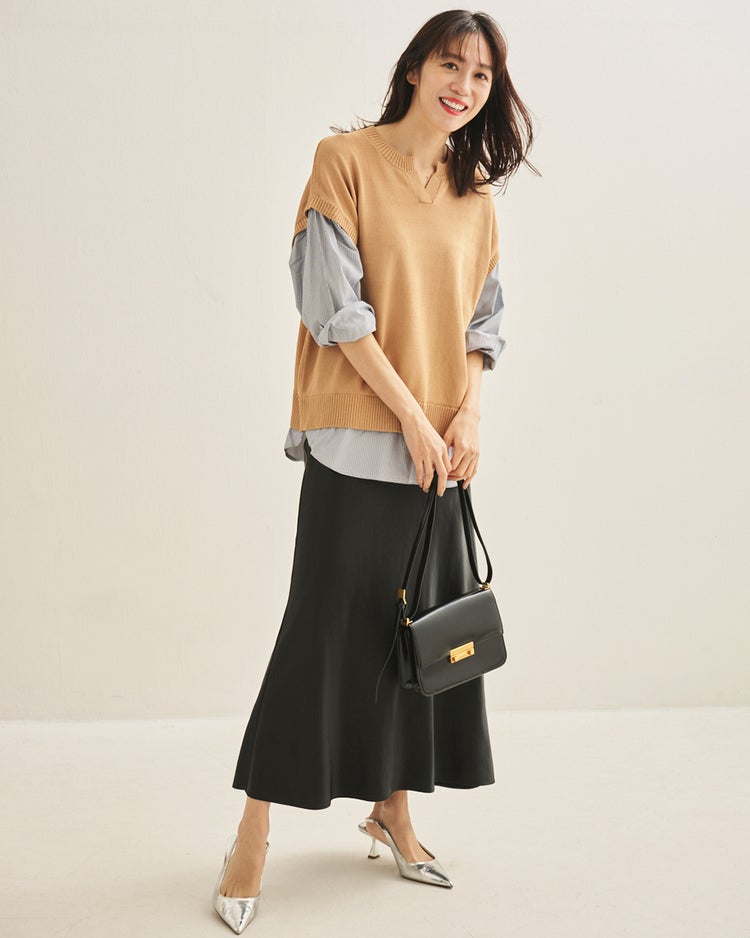 レイヤード風・キーネックベスト＆シャツ 詳細画像 ライトキャメル 3