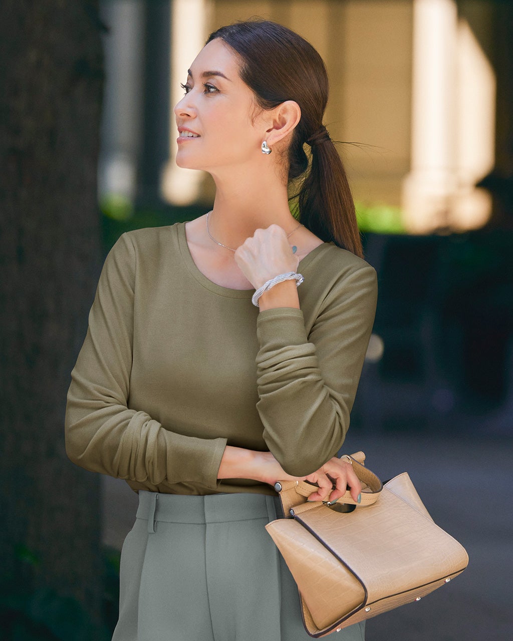 ハイカウントコットン・ラウンドネック／長袖/40代50代からの