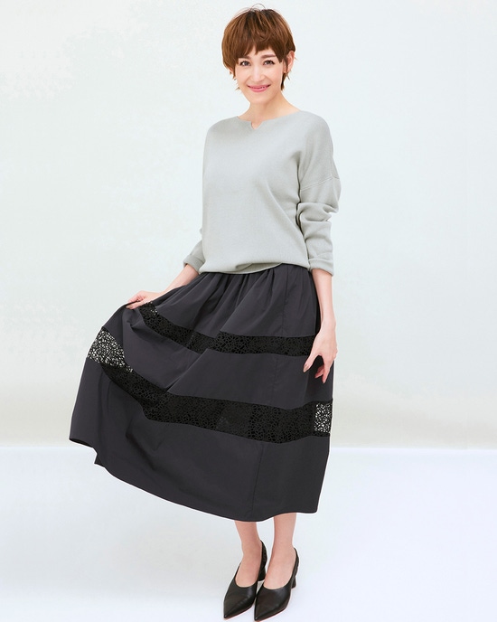 レースボーダー・ギャザーフレアスカート