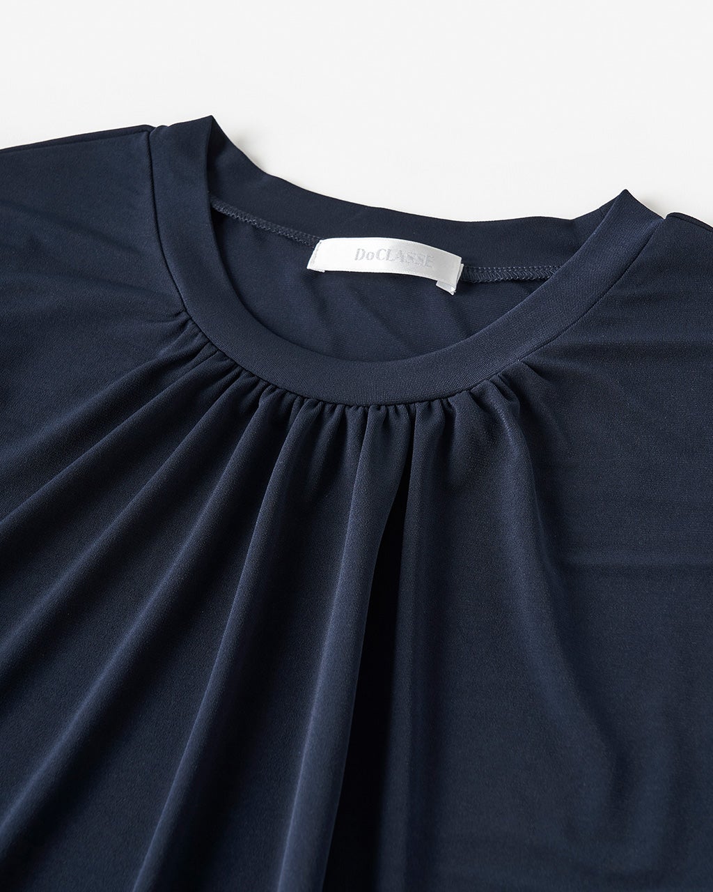 美品 DoCLASSE ダークネイビー 七分袖 フレアワンピース Lace Ladies ドレス 七分袖フレアスカラップネックシンプル