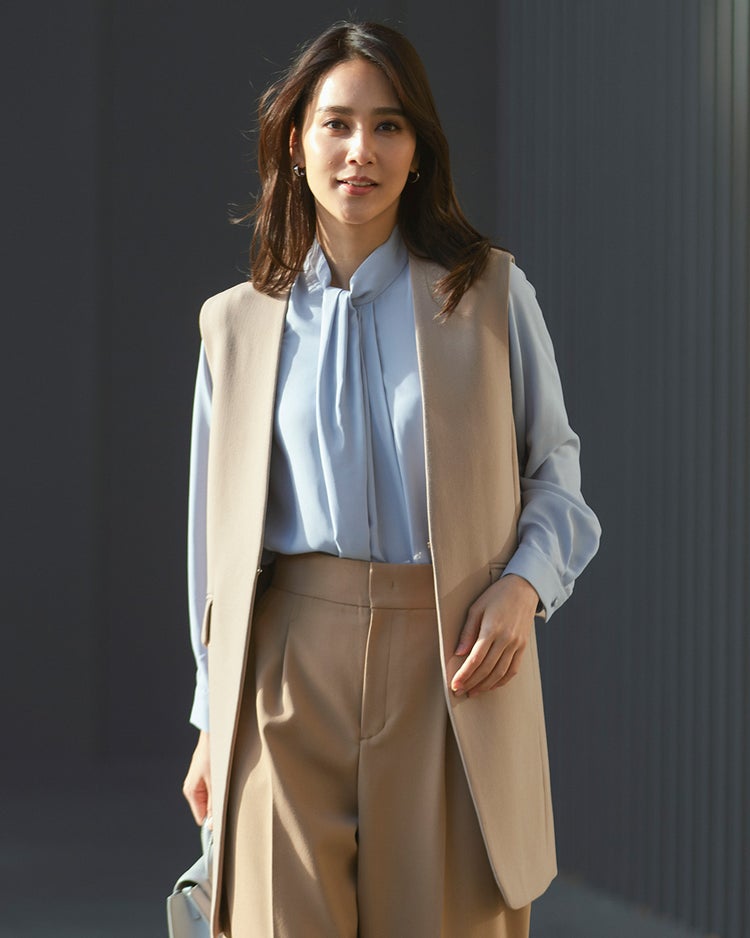 バックサテン・ボウタイ風タックブラウス 詳細画像 ダスティーブルー 2