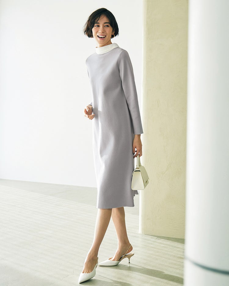 コットン混・ロールネックニットワンピース 詳細画像 ライトグレー 1
