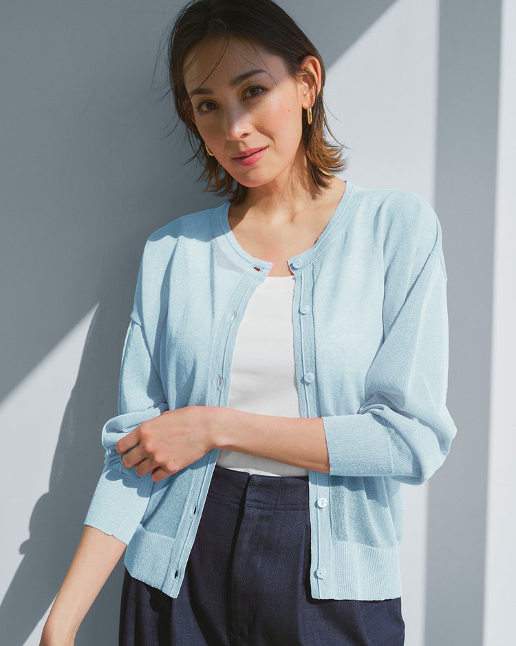 麻混スパークリングニット・クルーカーディガン 詳細画像 サックス 1