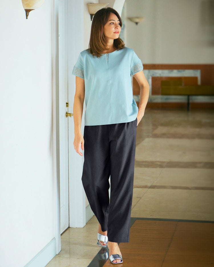 リネンタッチ・セミワイドパンツ 詳細画像 ミッドナイトブルー 1