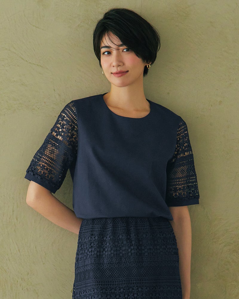 袖レース・クルーネックトップス/40代50代からのレディース 