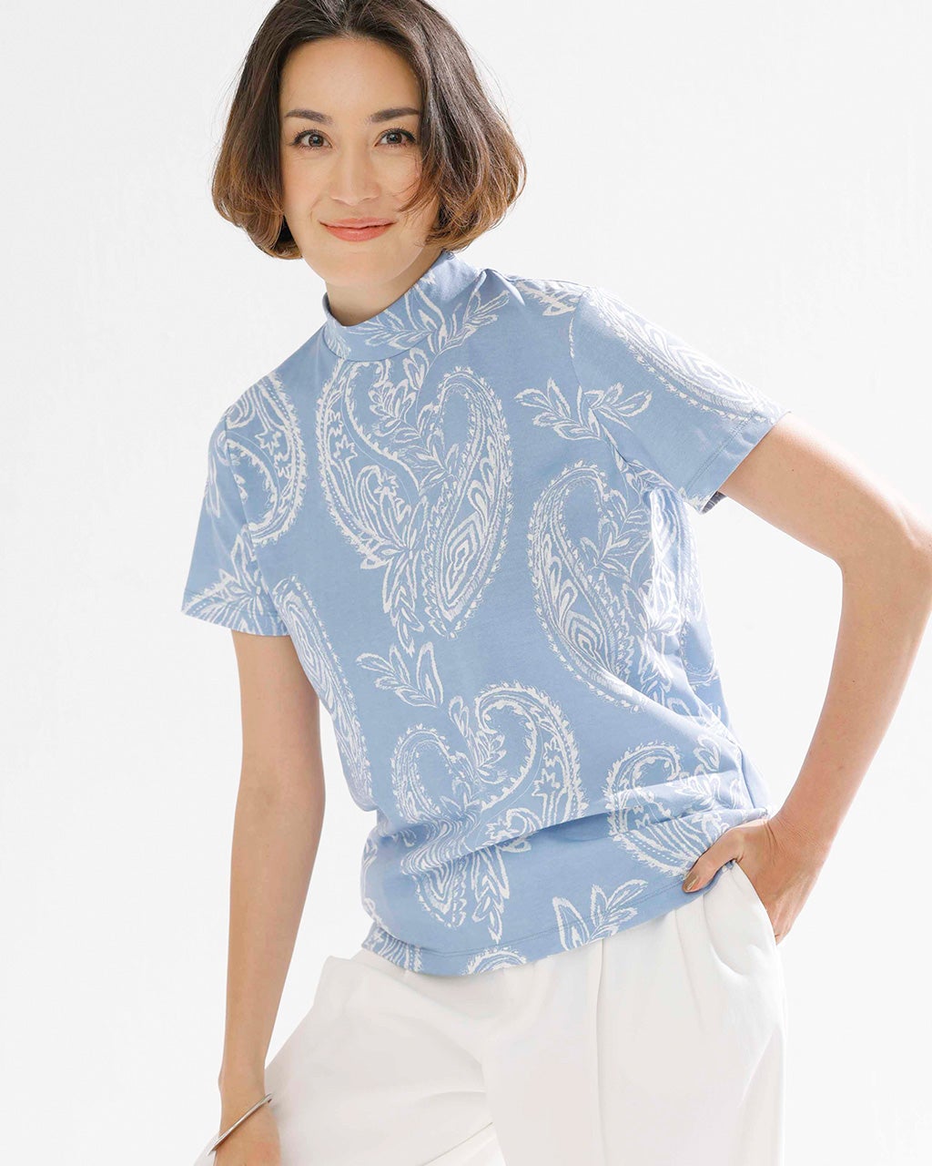 デニム風ハイネックTシャツ Tシャツ 長袖 ハイネック メンズ コットン スタンドカラー