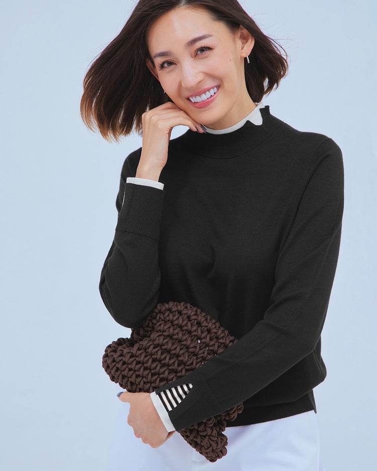 シルクフィール・ダブルカフスハイネック 詳細画像 ブラック&times;ホワイト 2