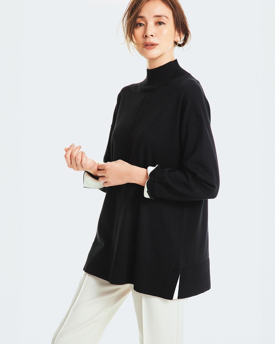 配色スリット・ハイネックロングニット