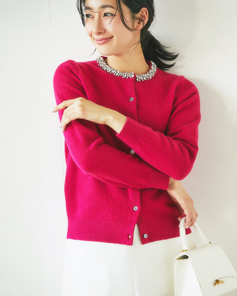 ウール混・ビジューネックカーディガン/40代50代からのレディース  