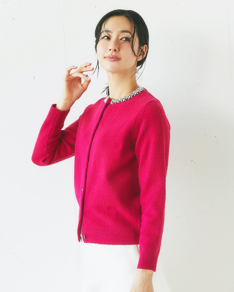 ウール混・ビジューネックカーディガン/40代50代からのレディース  