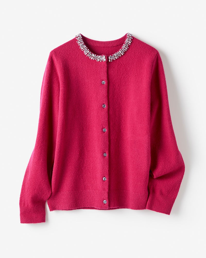 ウール混・ビジューネックカーディガン/40代50代からのレディース  