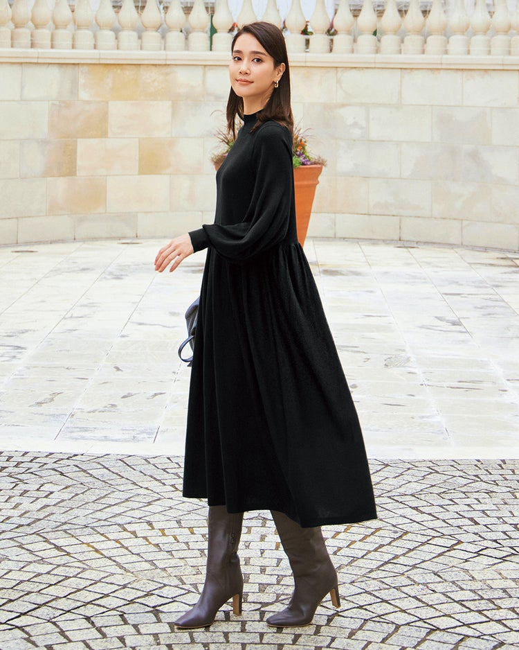 ソフトウール・ウエストギャザーワンピース 詳細画像 ブラック 1