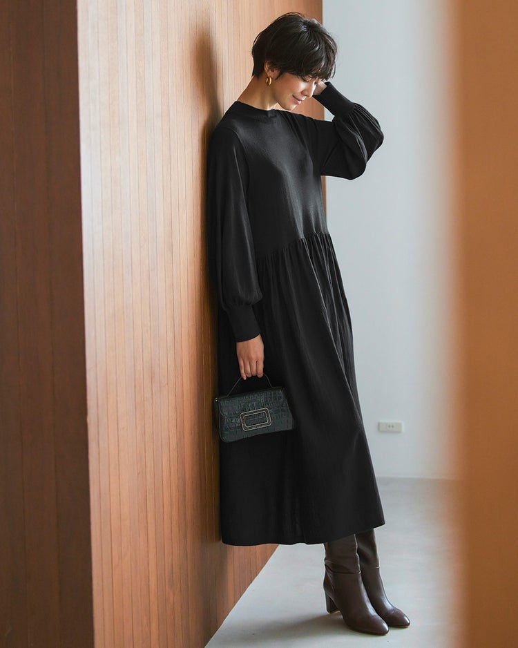 ソフトウール・ウエストギャザーワンピース 詳細画像 ブラック 2