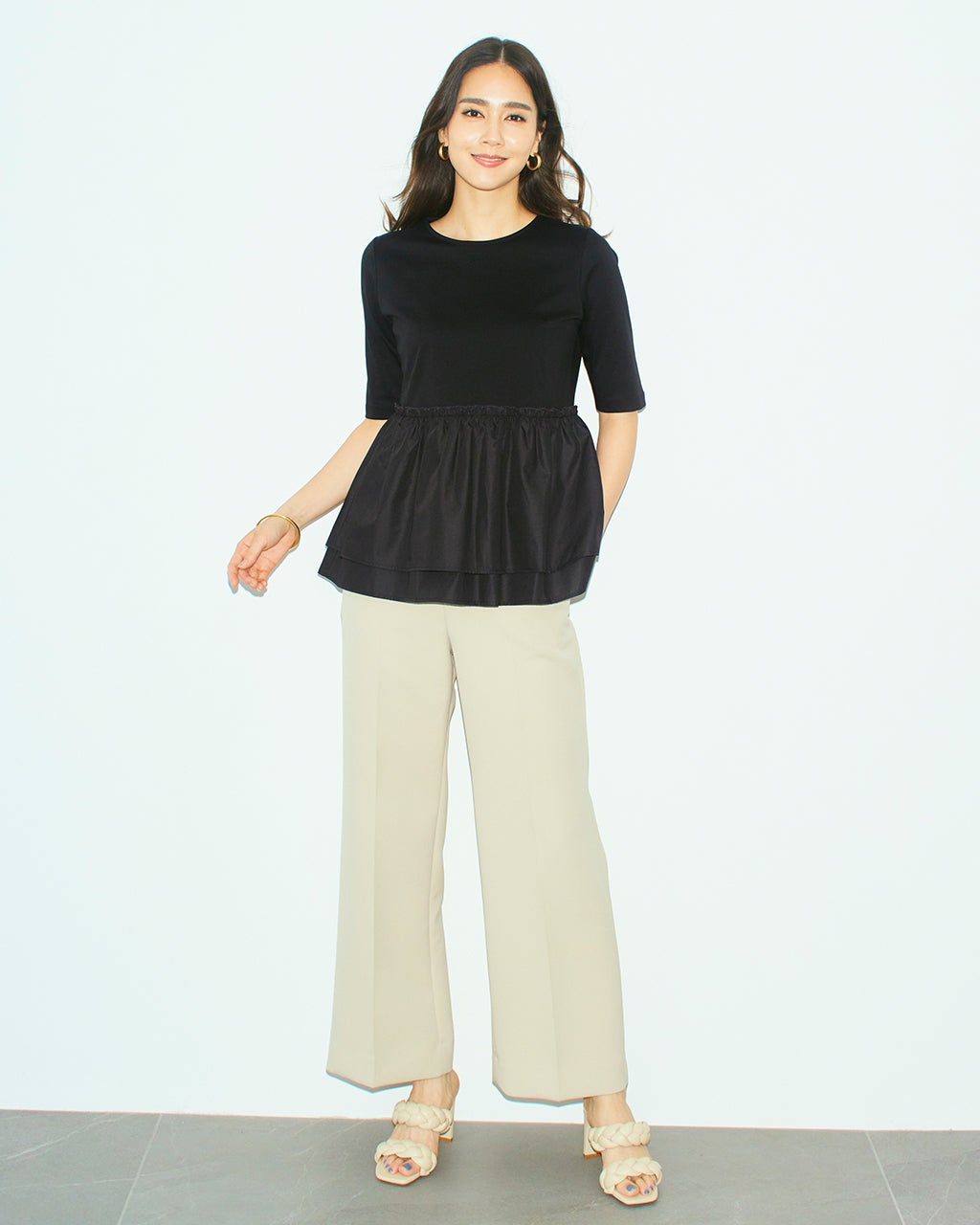 異素材コンビティアードペプラムトップス/40代50代からの