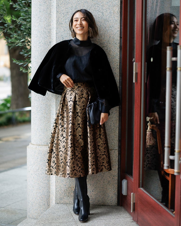 ジャカード織・花柄フレアスカート 詳細画像 ベージュ&times;ブラック 1