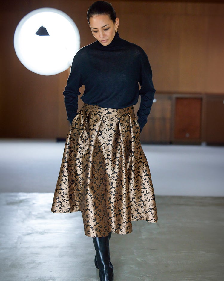 ジャカード織・花柄フレアスカート 詳細画像 ベージュ&times;ブラック 3