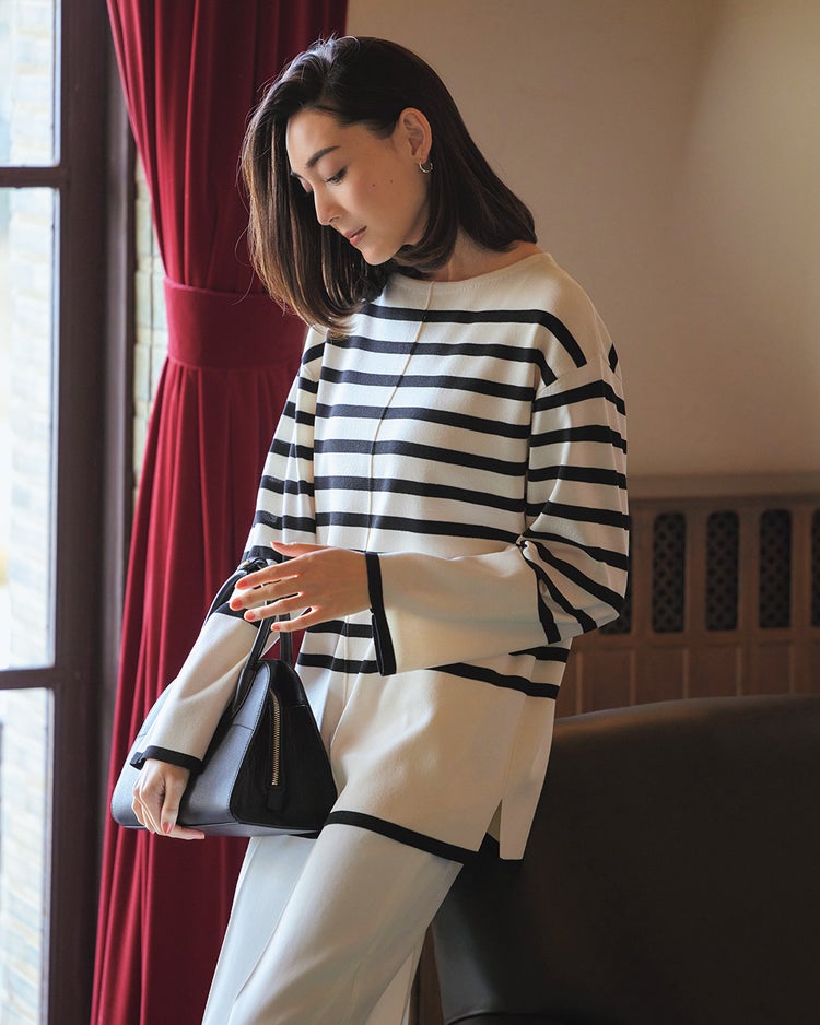 総針ニット・ボートネックロングトップス 詳細画像 ブラック&times;ホワイト 1