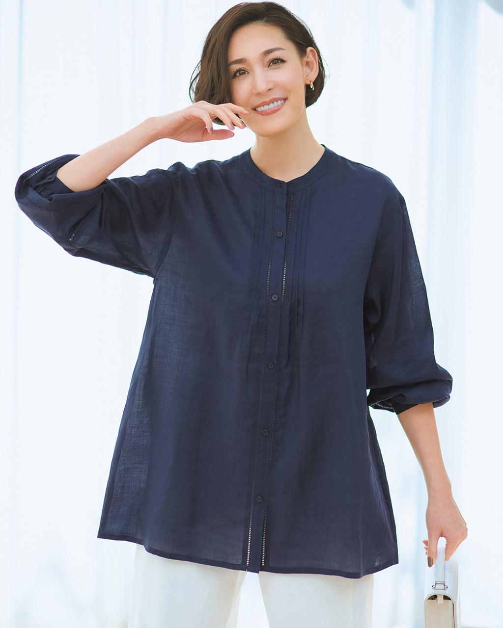【タグ付き】バックレース切替シアーシャツロング丈ブラック シアーラミー・ピンタックレースロングシャツ/40代50代からの