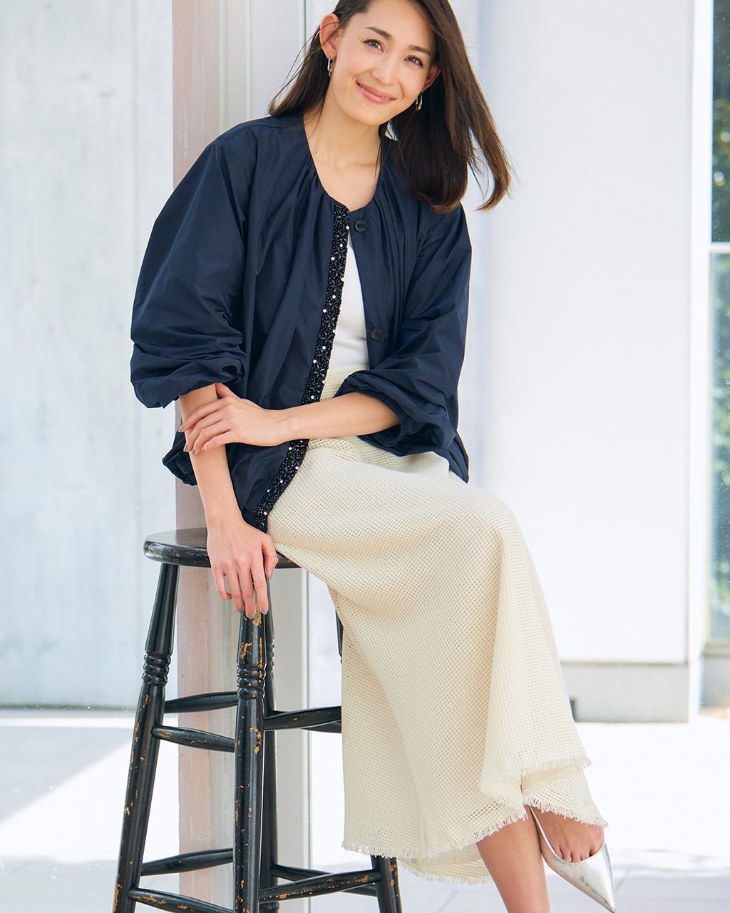 からみ織り・レザーパイピングスカート/40代50代からの