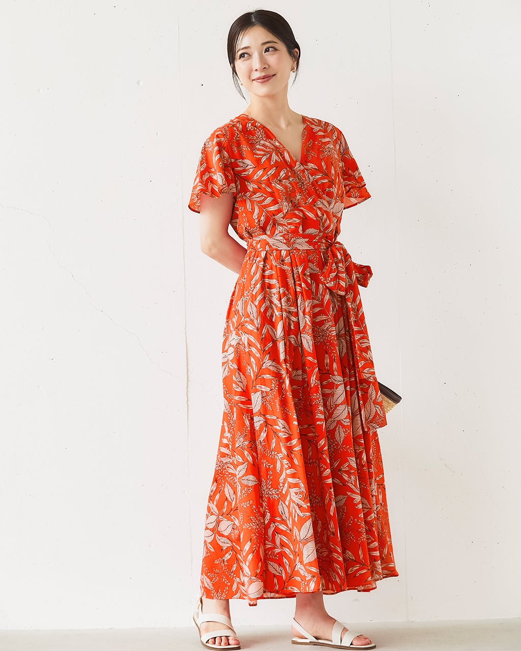 ボタニカルプリント・カシュクールワンピース/40代50代からの