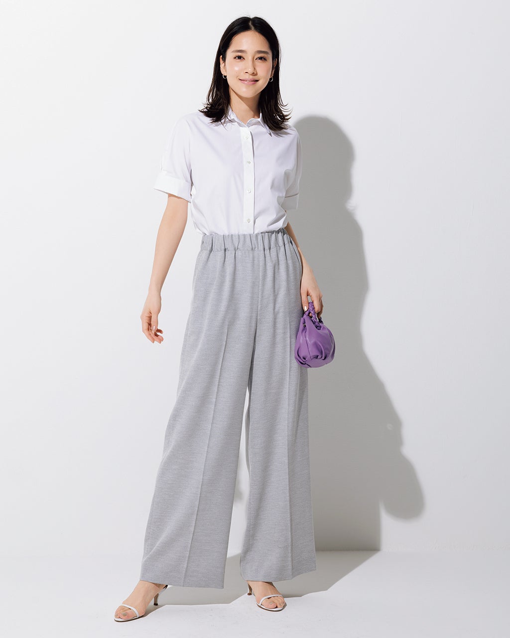麻調スラブストレッチ・バギーワイド／75cm/40代50代からの