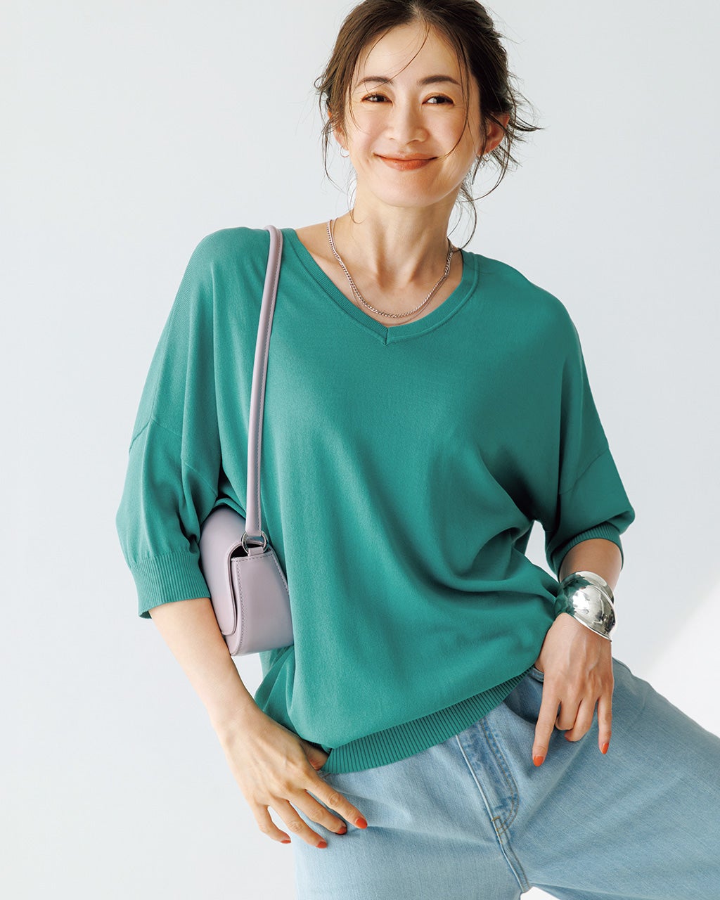 salsation VネックTシャツ　淡グリーン UVドライタッチニット・Vネックトップス/40代50代からの