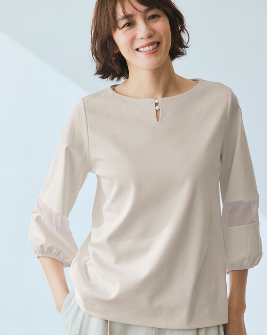 パールキーネック／7分袖・ドゥクラッセTシャツ