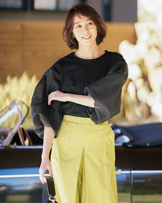 シフォン切替え・パフスリーブプルオーバー