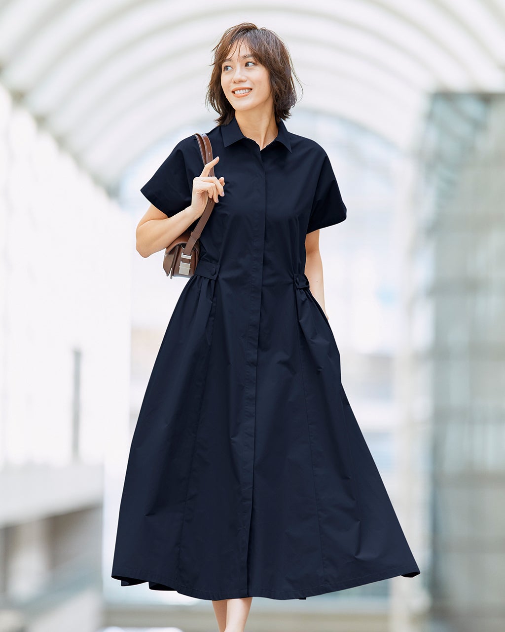 カジュアル シャツワンピース ショートドレス ロングスリーブ カラーレスシャツワンピース （ロング・マキシ丈ワンピース
