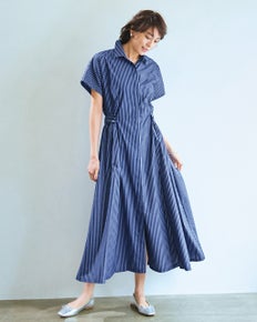 コットン混ブロード・ギャザーシャツワンピ