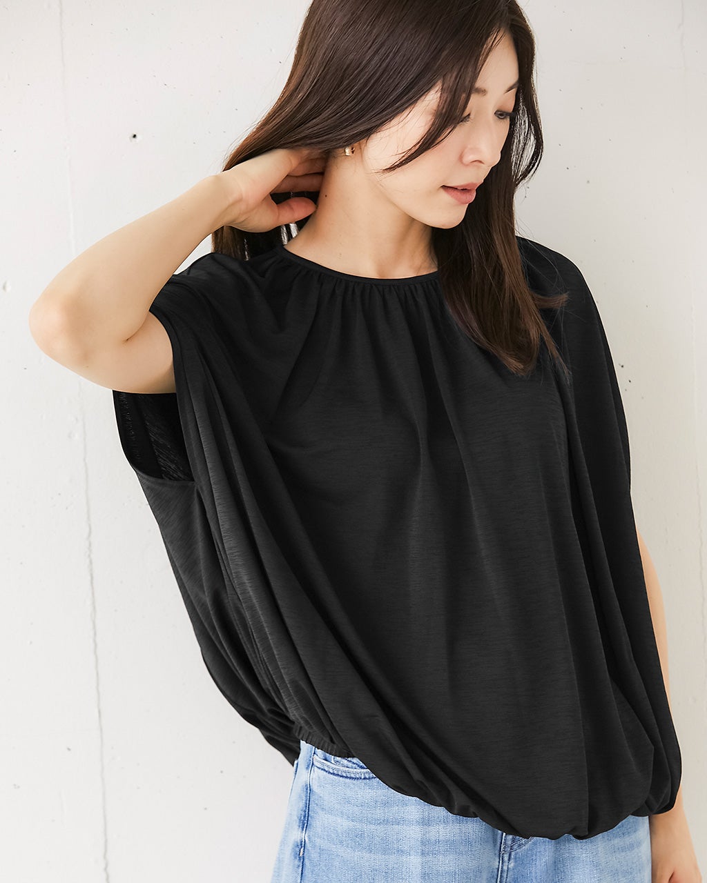 UVスラブ・ギャザーブラウジングトップス/40代50代からの