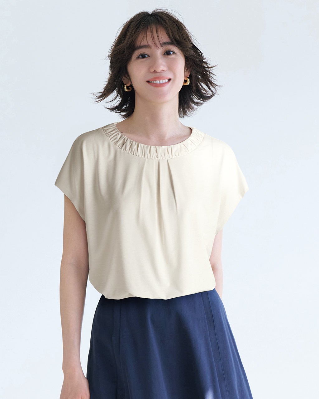 UVスラブ・ギャザーネックブラウス/40代50代からのレディース