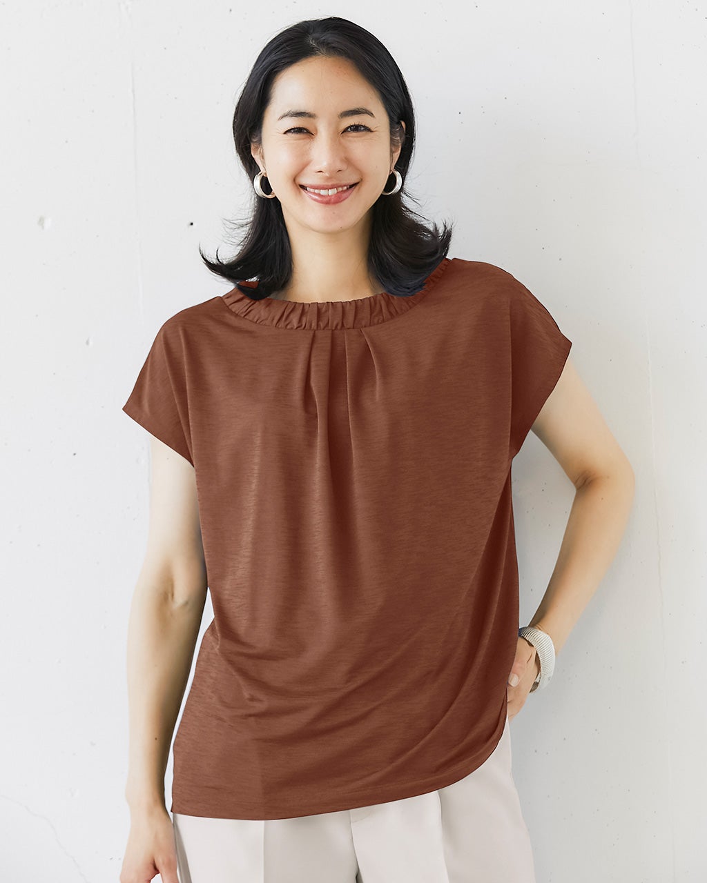 UVスラブ・ギャザーネックブラウス/40代50代からのレディース