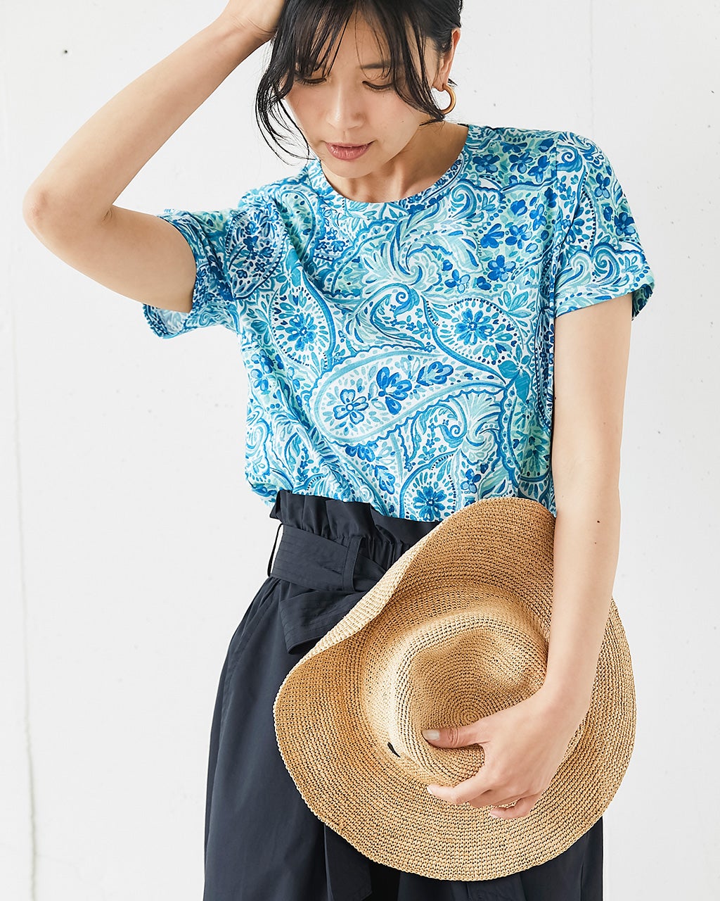 綿スラブ・総柄プリントTシャツ/40代50代からのレディース 綿スラブ・総柄プリントTシャツ/40代50代からのレディース