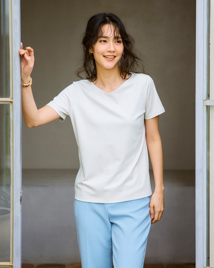 浅Vネック・半袖／スーピマ・ドゥクラッセTシャツ 詳細画像 ホワイト 1