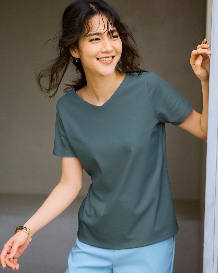 浅Vネック・半袖／スーピマ・ドゥクラッセTシャツ 詳細画像 グレーブルー 1