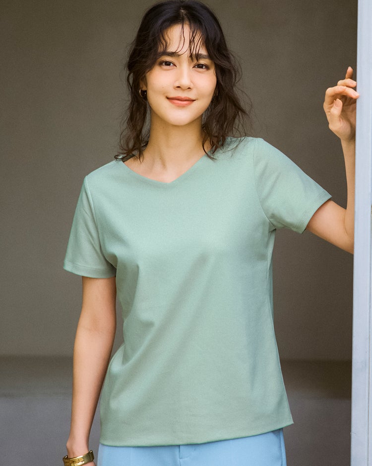 浅Vネック・半袖／スーピマ・ドゥクラッセTシャツ 詳細画像 グリーングレー 1