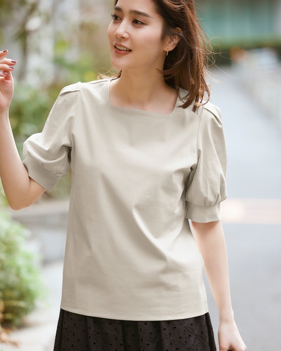 スクエアネック・パフ袖／スーピマ・ドゥクラッセTシャツ