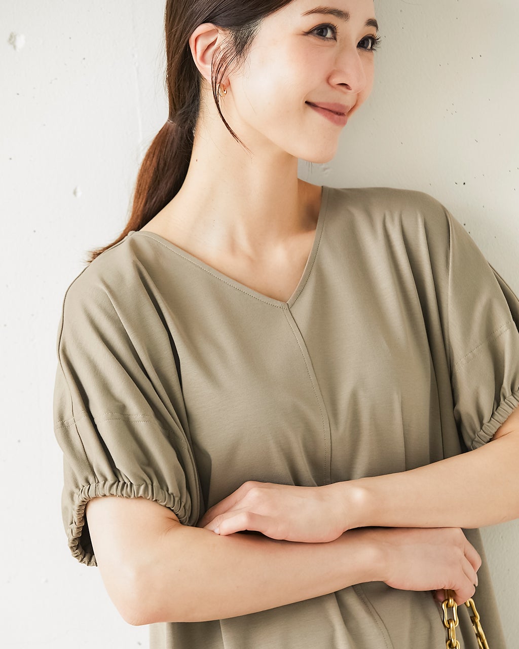 コットンスムース・ギャザー袖Aラインワンピ/40代50代からのレディース