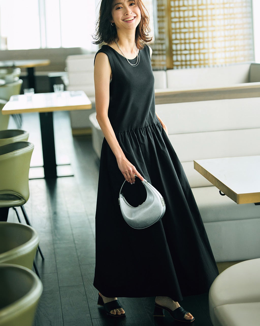 異素材コンビ・ノースリーブワンピース/40代50代からのレディース